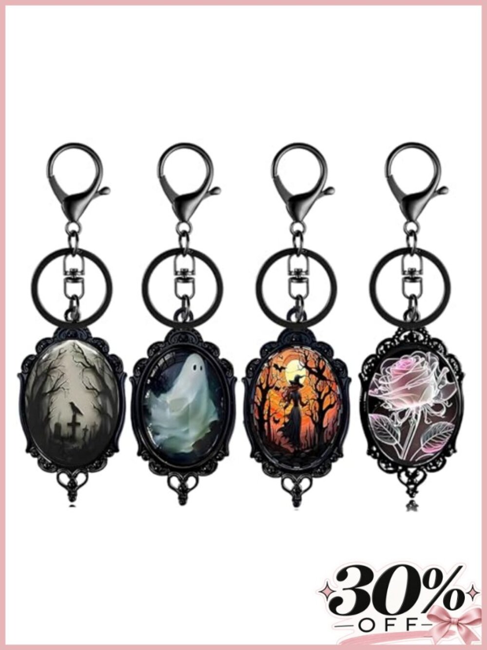 Gothic Halloween Keychain Set of 4 Vintage Crystal Glass Alloy